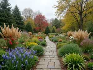 Mixed Border Seasons - Wide angle view of a mixed border showing four seasons of interest with spring bulbs, summer perennials, autumn seedheads, and winter structure