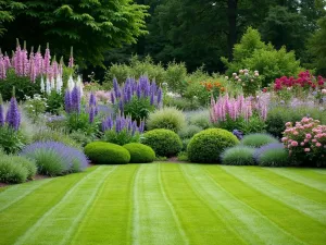 Mixed English Border Garden - Wide shot of a lush mixed border featuring layers of plants including delphiniums, alliums, catmint, and roses, with a perfectly maintained lawn in the foreground