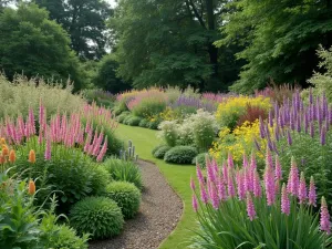 Mixed Summer Border - Wide angle view of a spectacular mixed border combining traditional English flowers like penstemons, salvias, and euphorbia with ornamental grasses