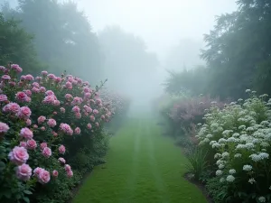 Morning Garden Mist - Atmospheric wide shot of an English rose garden in early morning mist, featuring Mary Rose shrubs, purple nepeta, and white valerian creating ethereal layers