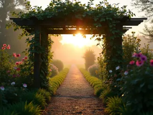 Morning Garden Walkway - Wide-angle view of a dewy garden path at sunrise, with morning glory vines on traditional wooden arches and misty English countryside beyond