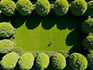 Pleached Tree Avenue Border - Aerial view of pleached lime trees creating formal garden boundary, geometric shadows on lawn