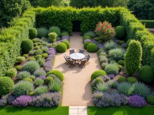 Potager Tea Garden - An aerial view of a kitchen garden combining ornamental and edible plants, with a central seating area surrounded by lavender borders and espaliered fruit trees