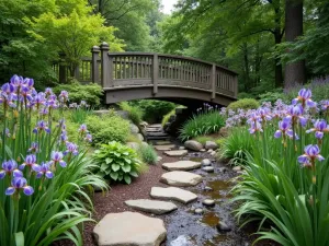 Riverside Garden Path - A natural stone pathway along a gentle stream, bordered by moisture-loving plants like iris and primulas, with a rustic wooden bridge