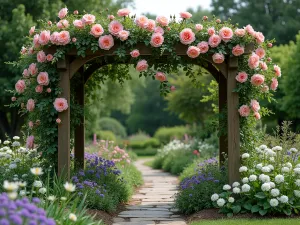 Rose Covered Arbor - Wooden arbor covered in climbing New Dawn roses in full bloom, with a stone path underneath and borders of purple allium and white peonies