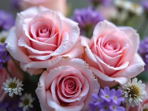 Rose Garden Close-up - Extreme close-up of pale pink Heritage roses with morning dew drops, surrounded by purple catmint and white alyssum, creating a romantic and delicate composition