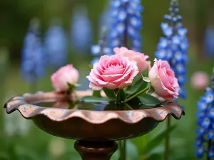 Rose Garden Reflection - Close-up of a vintage copper bird bath reflecting pink Abraham Darby roses and blue delphiniums, with soft bokeh effect