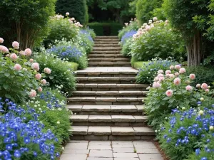 Rose Garden Steps - Stone steps flanked by Crown Princess Margareta roses, blue geraniums, and cascading white candytuft, leading to an upper garden level