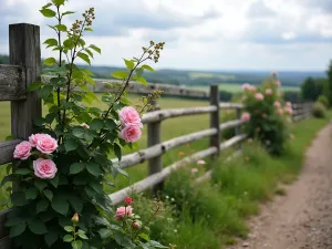 Rustic Split Rail Garden Border - Weathered split rail fence with climbing roses and foxgloves, countryside view beyond, wide angle perspective