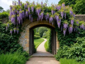 Rustic Stone Wall with Climbers - Ancient stone wall covered in climbing wisteria and ivy, with traditional English garden gate, aerial view showing the winding path beyond