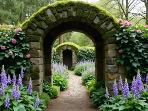 Secret Garden Archway - A moss-covered stone archway with climbing roses and clematis, leading to a hidden garden path lined with foxgloves and delphiniums