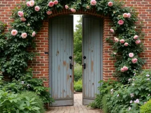 Secret Garden Door - Ancient wooden door in a brick wall, surrounded by climbing Constance Spry roses and clematis, with glimpses of an English garden beyond