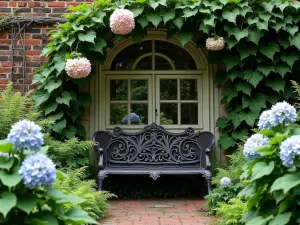 Secret Garden Nook - A secluded garden nook with an antique iron bench surrounded by climbing hydrangeas and ferns, set against an old brick wall covered in ivy