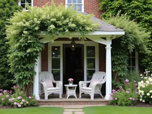 Secret Tea Garden Gazebo - A white wooden gazebo covered in climbing honeysuckle and clematis, with comfortable wicker furniture and hanging lanterns, surrounded by a mix of cottage garden flowers