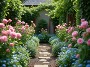 Small Rose Garden - Intimate view of a small garden dedicated to heritage roses, with underplantings of forget-me-nots and hardy geraniums