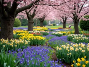 Spring Bulb Display - Dense planting of spring bulbs including bluebells, daffodils, and tulips naturalized under flowering cherry trees