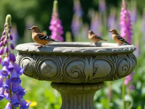 Stone Bird Bath Garden Feature - Weathered limestone bird bath with intricate carvings, surrounded by blooming delphiniums and foxgloves, with birds perched on the rim, natural lighting