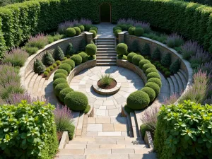 Sunken Tea Garden - An aerial view of a circular sunken garden with stone steps leading down to a central seating area, surrounded by tiered plantings of roses, lavender, and ornamental grasses