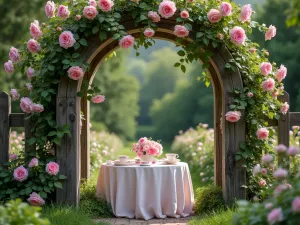 Tea Garden Archway - A close-up of a wooden arch covered in climbing roses and jasmine, framing a view of a tea setting with vintage china and fresh flowers