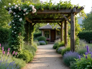 Tea Garden Pergola Walk - A wooden pergola covered in climbing roses and wisteria, with a gravel path leading to a tea house, bordered by nepeta and salvias