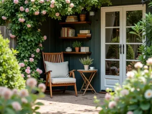 Tea Garden Reading Nook - A close-up of a sheltered garden corner with a comfortable armchair, small bookshelf, and tea table, surrounded by fragrant flowering shrubs and climbing plants