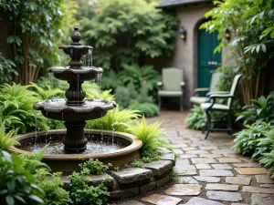 Tea Garden Water Feature - A close-up of a tiered stone fountain surrounded by moisture-loving ferns and hostas, with a cobblestone path leading to a quaint seating area for afternoon tea