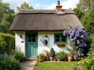 Thatched Garden Shed Display - Charming thatched-roof garden shed with whitewashed walls, decorated with vintage watering cans, terracotta pots, and climbing clematis, wide angle view