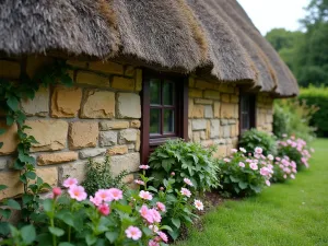 Thatched Wall Garden Border - Traditional thatched top stone wall with cottage garden flowers spilling over, close-up detail