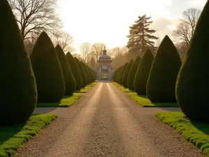 Topiary Garden Avenue - A grand gravel avenue lined with perfectly clipped yew pyramids and cloud-pruned box, leading to an elegant garden folly, photographed at golden hour