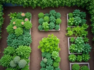 Townhouse Kitchen Garden - Aerial view of a small organized kitchen garden with raised beds, featuring vegetables and cutting flowers in a geometric layout