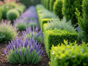 Traditional Herb Garden - Close-up of a formal herb garden with neat beds of lavender, sage, and thyme bordered by miniature box hedging, morning dew visible