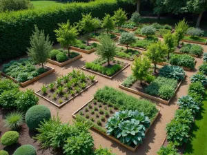 Traditional Kitchen Garden - Aerial view of a productive kitchen garden with raised beds, espaliered fruit trees, and decorative companion planting of flowers among vegetables