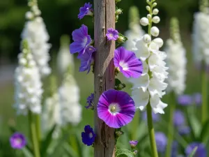 Traditional Obelisk Display - Close-up of a weathered wooden obelisk supporting sweet peas and morning glories, with a backdrop of white delphiniums