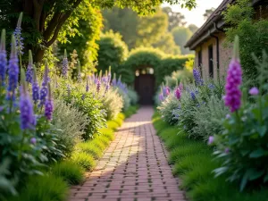 Traditional Path Garden - Narrow brick path lined with traditional English cottage plants like delphiniums, foxgloves, and catmint, evening light