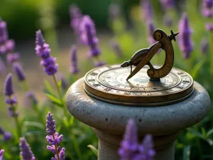 Traditional Garden Sundial - Close-up of an ornate brass sundial on a carved stone pedestal, surrounded by blooming lavender and trailing thyme, with morning dew drops, soft natural lighting