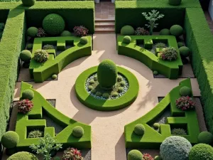 Traditional Topiary Display - Aerial view of a formal front garden featuring carefully shaped box and yew topiary in various geometric forms, surrounded by neat gravel paths and low-growing herbs