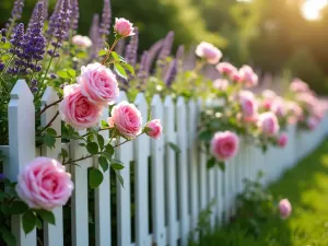 Traditional White Picket Fence - A charming white picket fence lined with blooming English roses and lavender, in a traditional English cottage garden setting, soft morning light filtering through