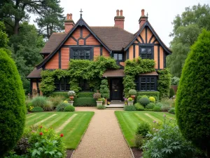 Tudor Style Front Garden - Wide-angle shot of a traditional English front garden with clipped yew topiary, climbing roses on a Tudor-style house facade, and structured herb garden with geometric patterns