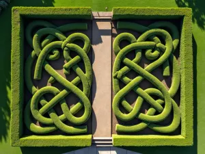 Tudor Style Knot Garden Border - Intricate Tudor-style knot garden with box hedging creating border pattern, aerial view showing full design