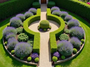 Tudor Knot Garden - Aerial view of a miniature Tudor-style knot garden with box hedging and colored gravel, surrounded by small English lavender borders