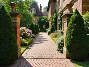 Tudor Rose Garden Path - Wide-angle view of a brick pathway with Tudor-style geometric patterns, bordered by classic English roses and yew topiary