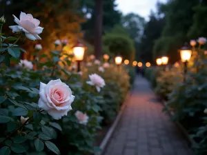 Twilight Rose Garden - Evening scene of an English rose garden with illuminated pathways, featuring the pale blooms of Winchester Cathedral roses glowing in the dusk light