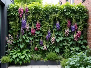 Vertical English Garden Wall - Modern vertical garden wall featuring traditional English garden plants like foxgloves and delphiniums in a small urban courtyard, close-up view