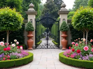 Victorian Front Garden Display - Ornate Victorian-style front garden featuring elaborate iron gates, standard bay trees in terracotta pots, and circular flower beds filled with dahlias and salvias in jewel tones