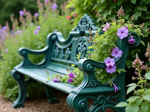 Victorian Garden Bench - Close-up of an ornate cast iron garden bench painted in heritage green, adorned with climbing sweet peas and surrounded by fragrant herbs