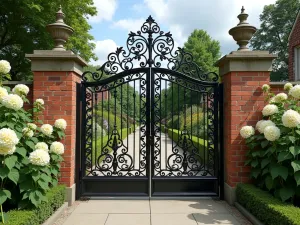 Victorian Iron Gate Entry - Ornate black iron gates with decorative scrollwork, flanked by brick pillars and flowering hollyhocks, normal perspective