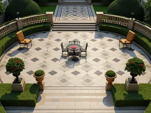 Victorian Tea Terrace - An aerial view of a formal Victorian-style terrace with geometric tile patterns, featuring ornate iron furniture, potted standard roses, and topiary trees in decorative urns