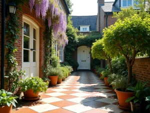 Victorian Terrace Garden - Wide angle view of a small Victorian terrace garden with traditional tiles, potted bay trees, and climbing wisteria, morning light