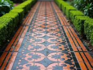 Victorian Tiled Path - Close-up of an ornate Victorian-style tiled pathway with intricate patterns in black and terracotta, bordered by perfectly manicured miniature boxwood