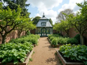 Victorian Walled Garden - Wide angle view of a restored Victorian walled garden with espaliered fruit trees, vegetable beds, and a traditional greenhouse with ornate ironwork